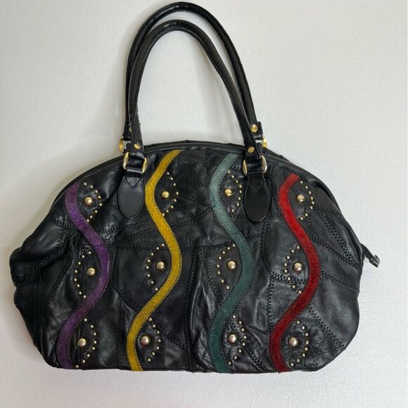 Vintage Handbags - Vintage Black Patchwork Suede Studded Shoulder Handbag Faux Leather Multicolor